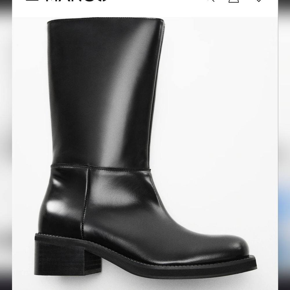 NWOT MNG Mango Leather boots zip closure Long Line Black Heeled 38 7.5 Square - Picture 3 of 11